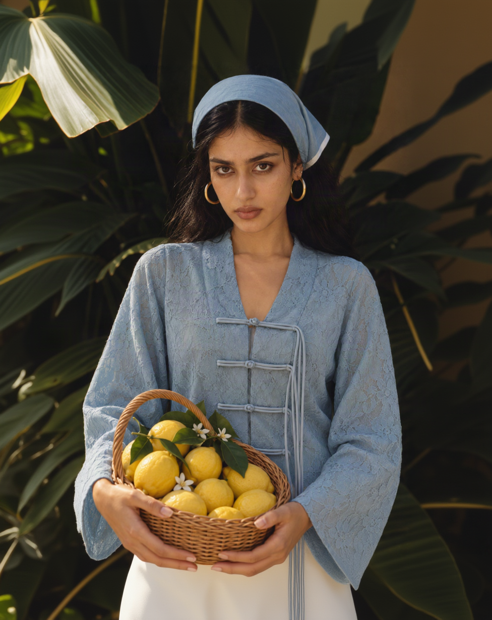 A woman wearing a light blue textured tunic top and matching headscarf, holding a wicker basket filled with lemons and green leaves, set against a background of large tropical green leaves.