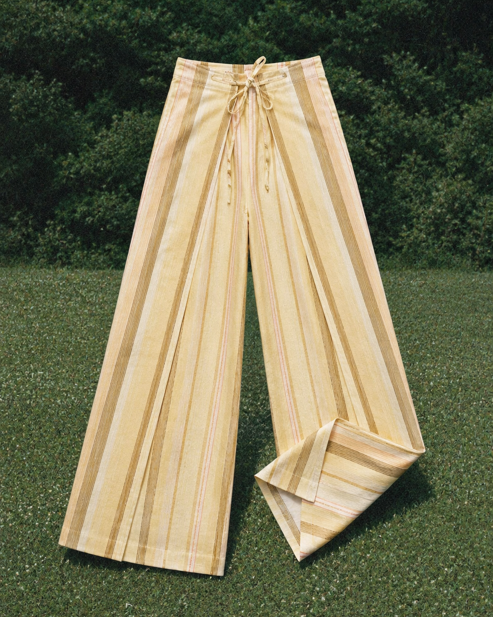 Beige striped pants on a grassy background