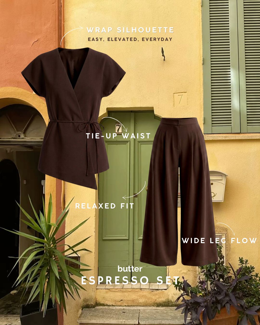 Brown wrap dress with tie-up waist and wide leg pants displayed against a building exterior.